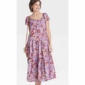 NWT Knox Rose 2X Tired Flowy Lined Maxi Dress Purple Floral Boho Flutter Sleeve